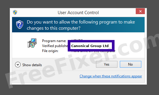Screenshot where Canonical Group Ltd appears as the verified publisher in the UAC dialog